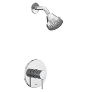 Chrome shower trim kit with single handle control, showerhead with spray ports, and wall-mounted valve escutcheon.