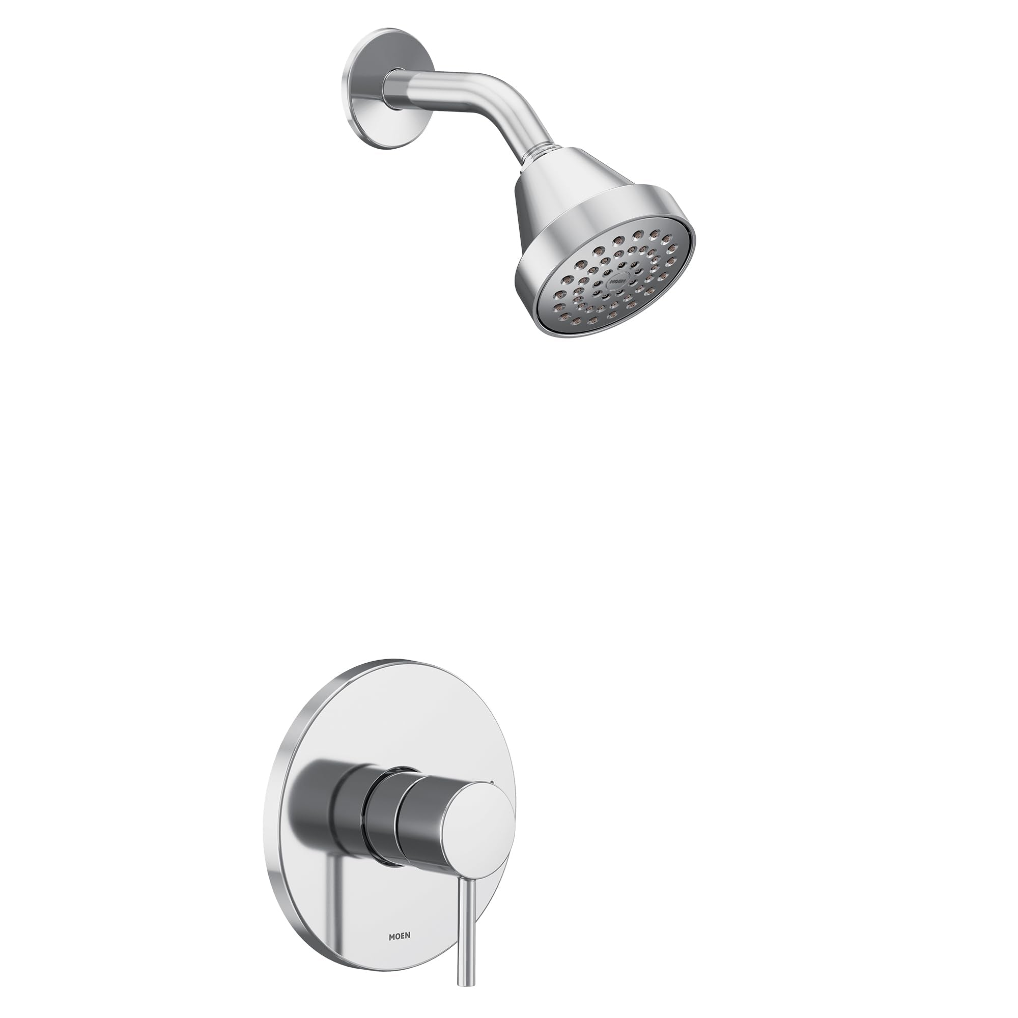Chrome shower trim kit with single handle control, showerhead with spray ports, and wall-mounted valve escutcheon.