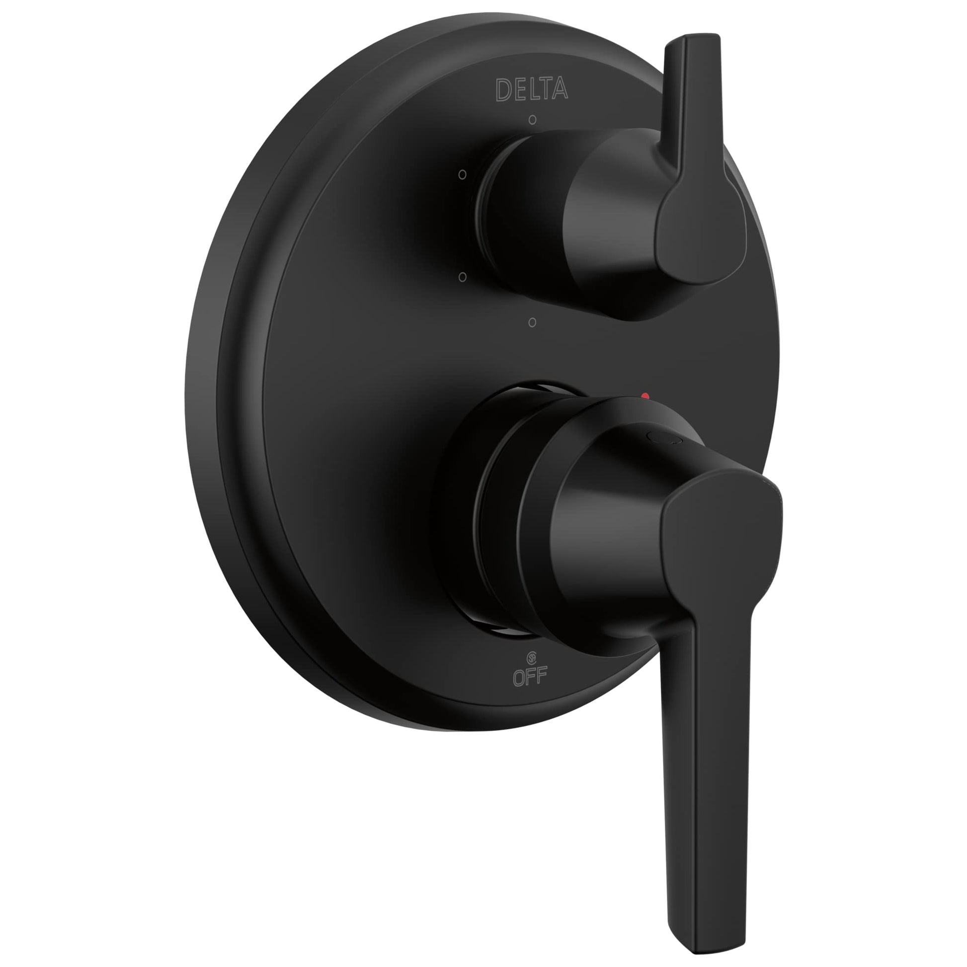 Black Delta Galeon 14S shower valve trim with integrated diverter, two lever handles, and circular escutcheon plate.