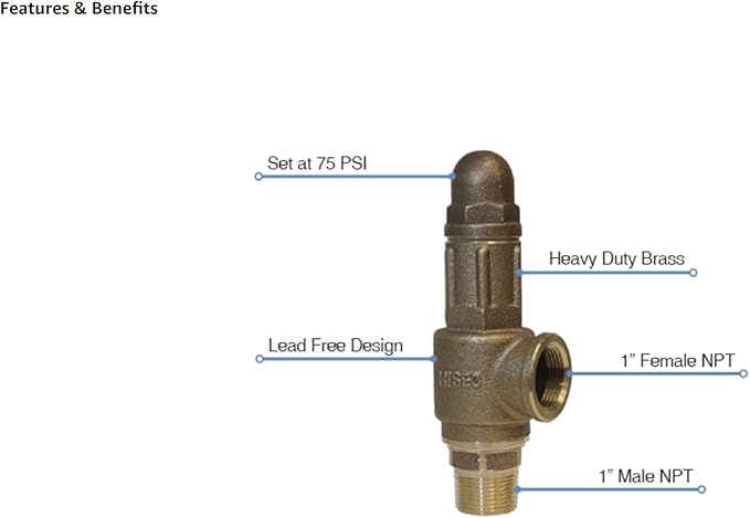 Brass pressure relief valve with 1" female and male NPT connections, set at 75 PSI, lead-free design.