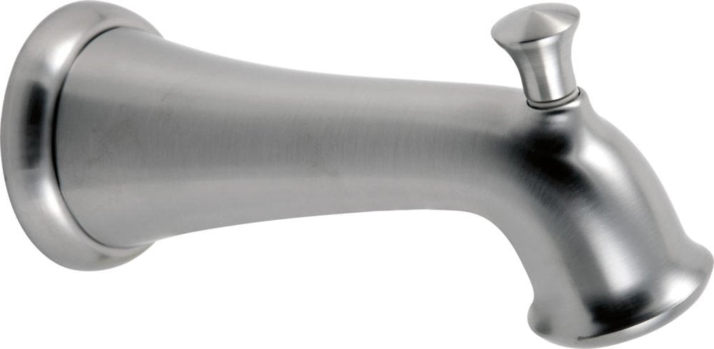 Stainless steel tub spout with pull-up diverter and wall-mounted flange.