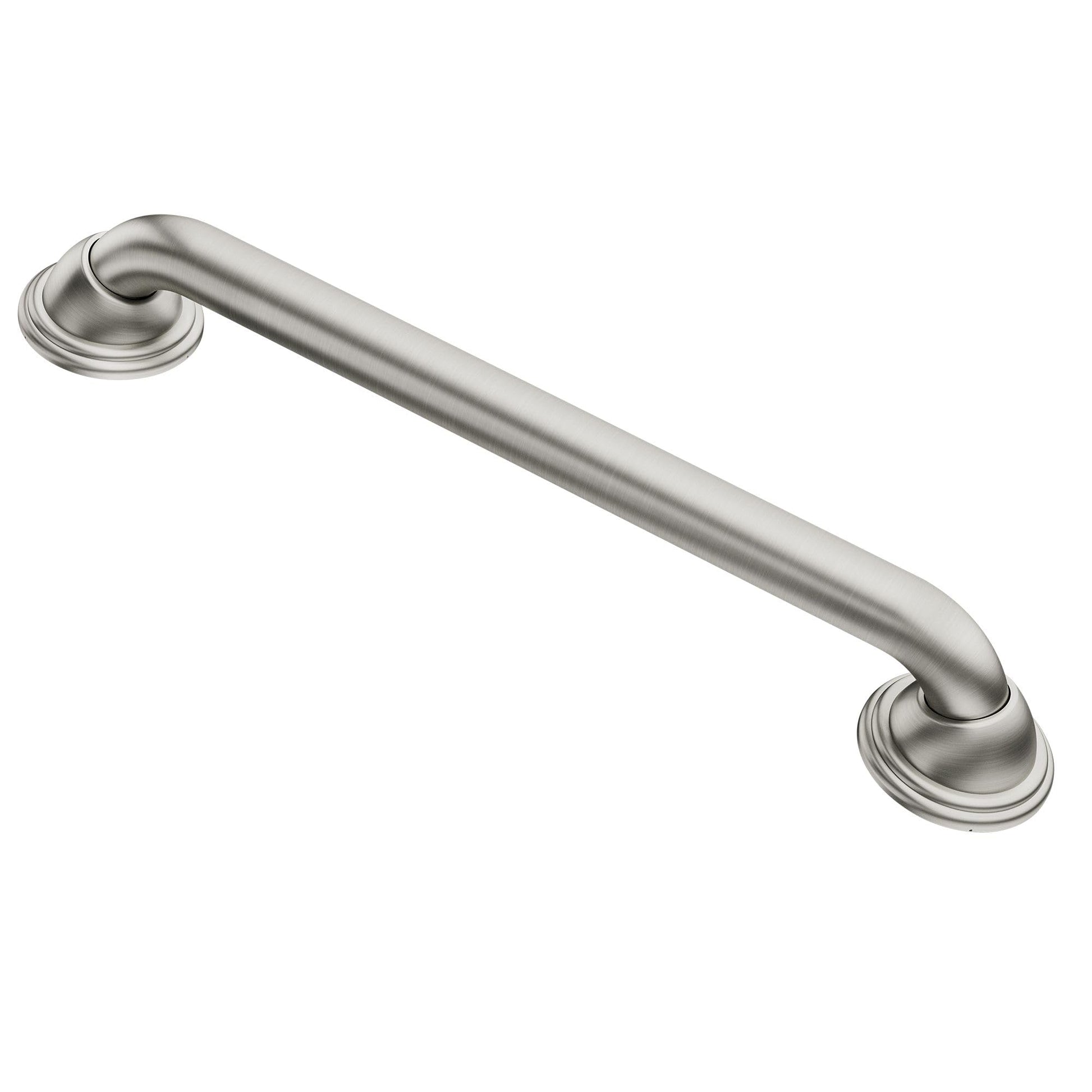 Brushed nickel grab bar with curved ends and circular mounting flanges on both sides.
