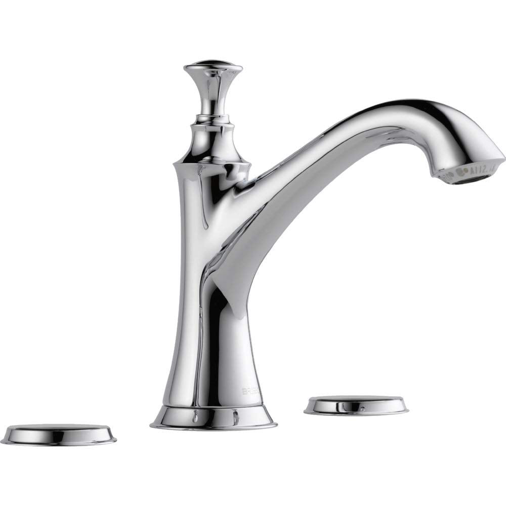 Chrome widespread lavatory faucet with curved spout and tapered body, shown with two separate base plates.