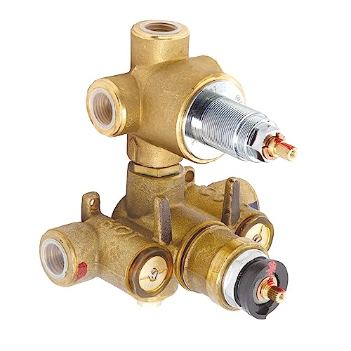 Brass thermostatic rough-in valve with three ports, featuring chrome cartridge stems and threaded connection points.