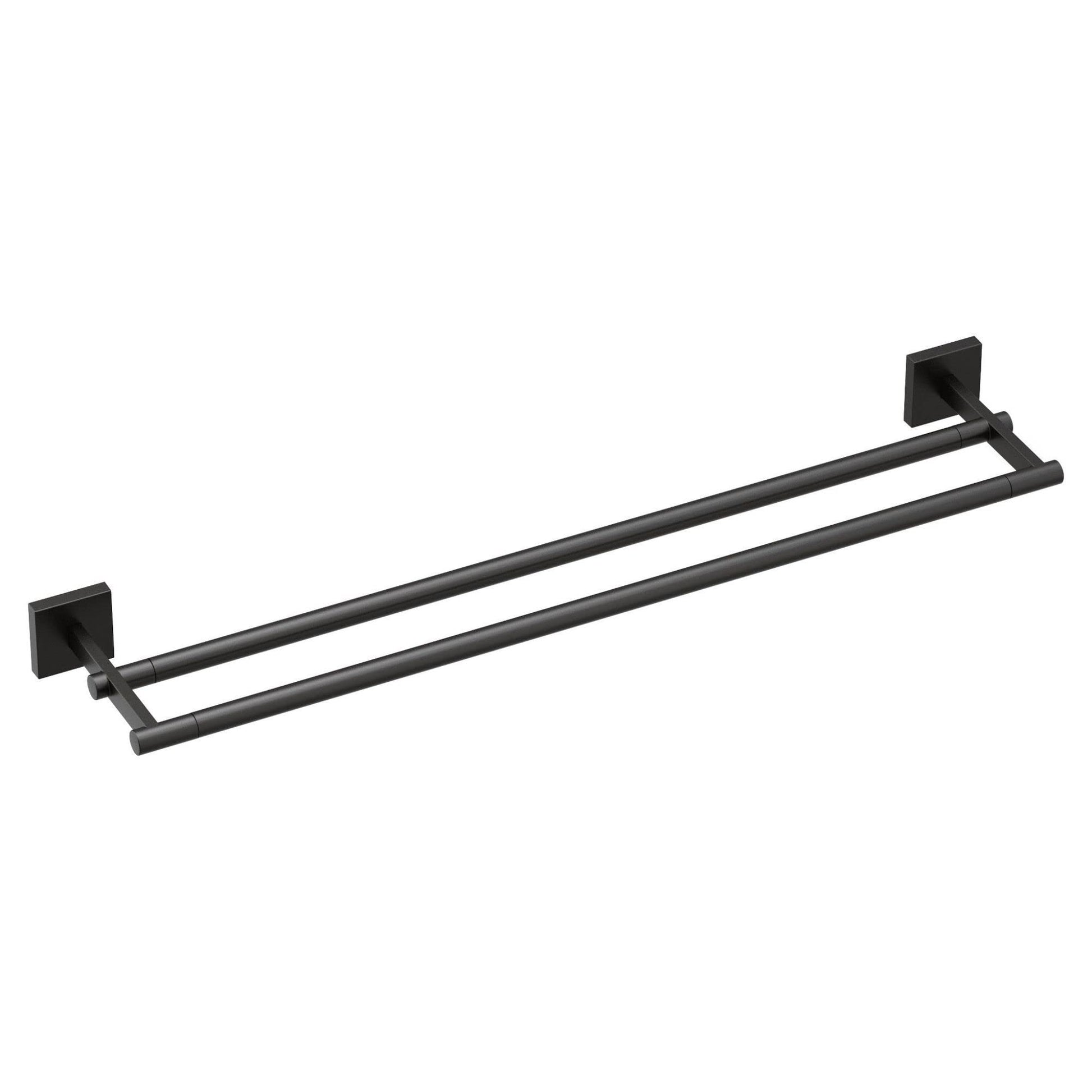 Matte black double towel bar with two parallel horizontal bars and square wall-mounted brackets.