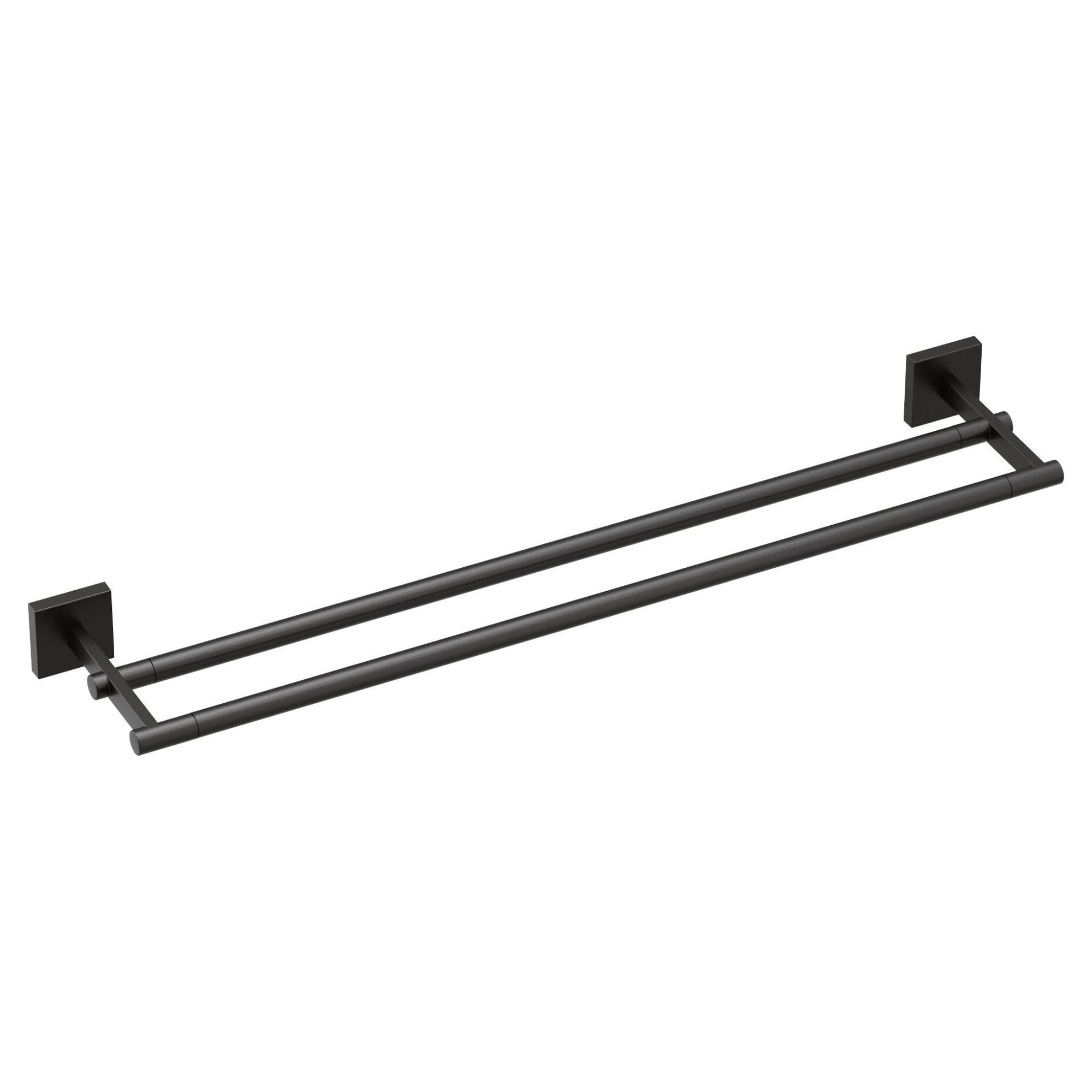 Matte black double towel bar with two parallel horizontal bars and square wall-mounted brackets.