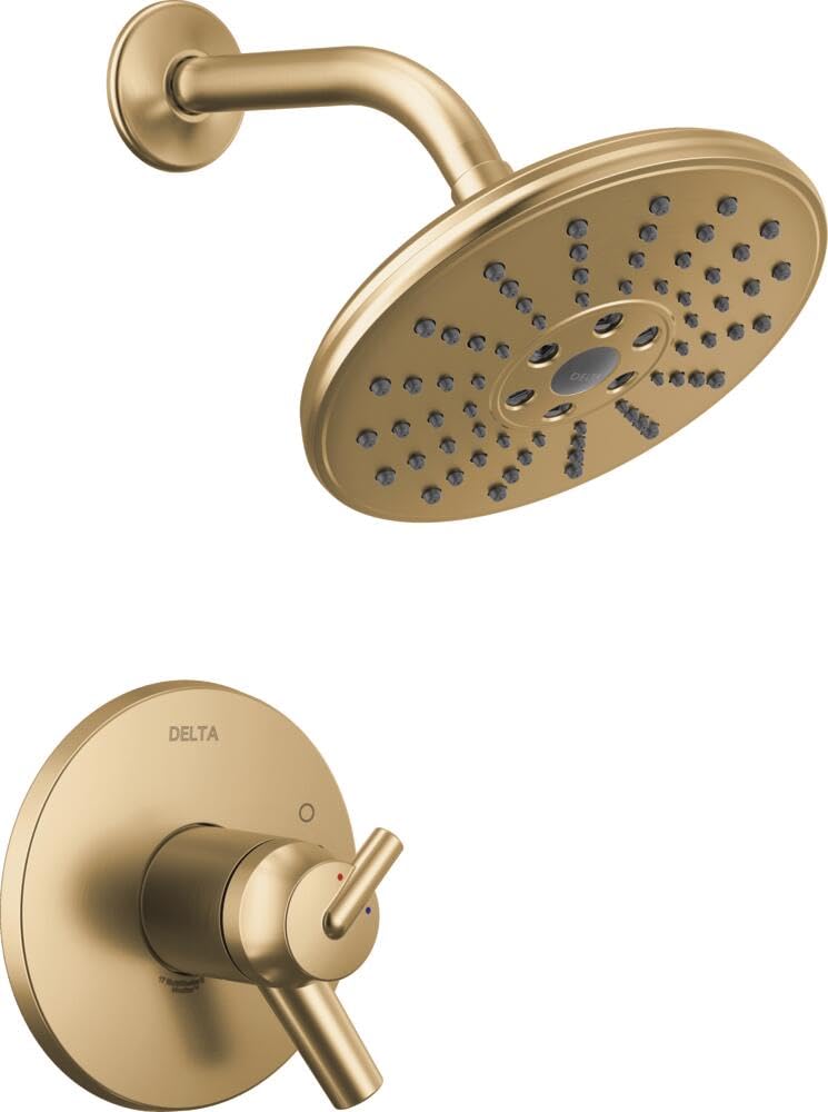 Champagne bronze shower trim with multi-jet showerhead and single-lever valve control mounted on round escutcheon plate.