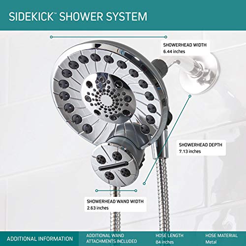 Chrome SideKick shower system with dual showerheads and flexible hose, showing dimensions and spray patterns.