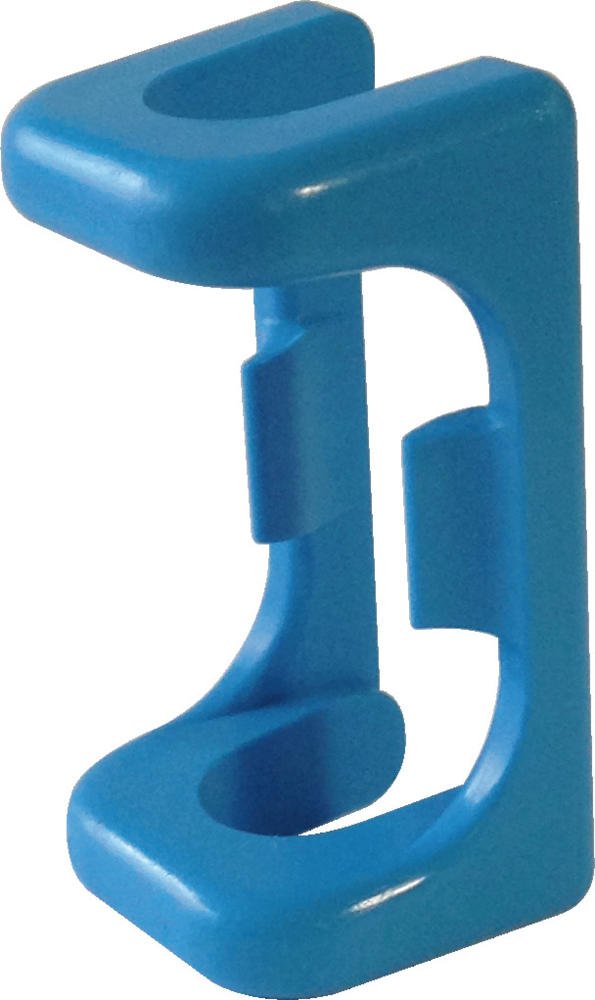 Blue plastic hose clip with rounded top loop and rectangular mounting base with central opening.