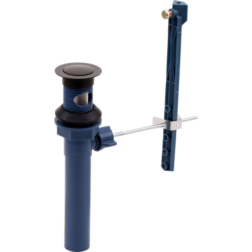 Plastic pop-up drain assembly with Venetian bronze finish, featuring pop-up stopper, control rod, and mounting hardware.