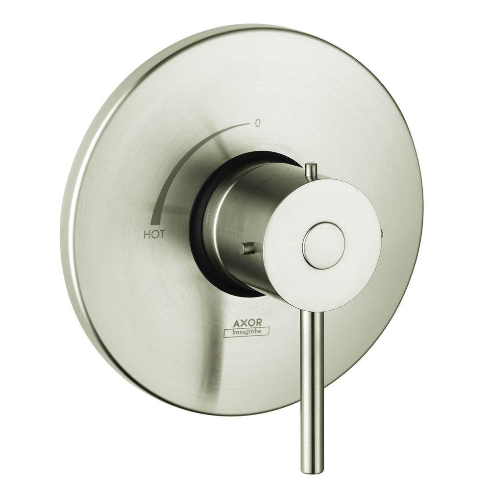 Brushed nickel pressure balance trim with circular backplate, lever handle, and temperature dial marked 0 to HOT.