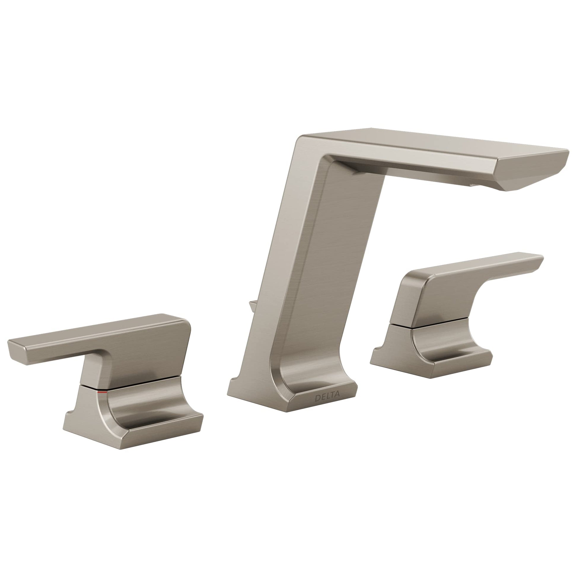 Brushed nickel three-piece bathroom faucet with two handles and tall central spout in modern angular design.
