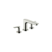 Brushed nickel three-hole roman tub filler with curved spout and two lever handles on cylindrical bases.