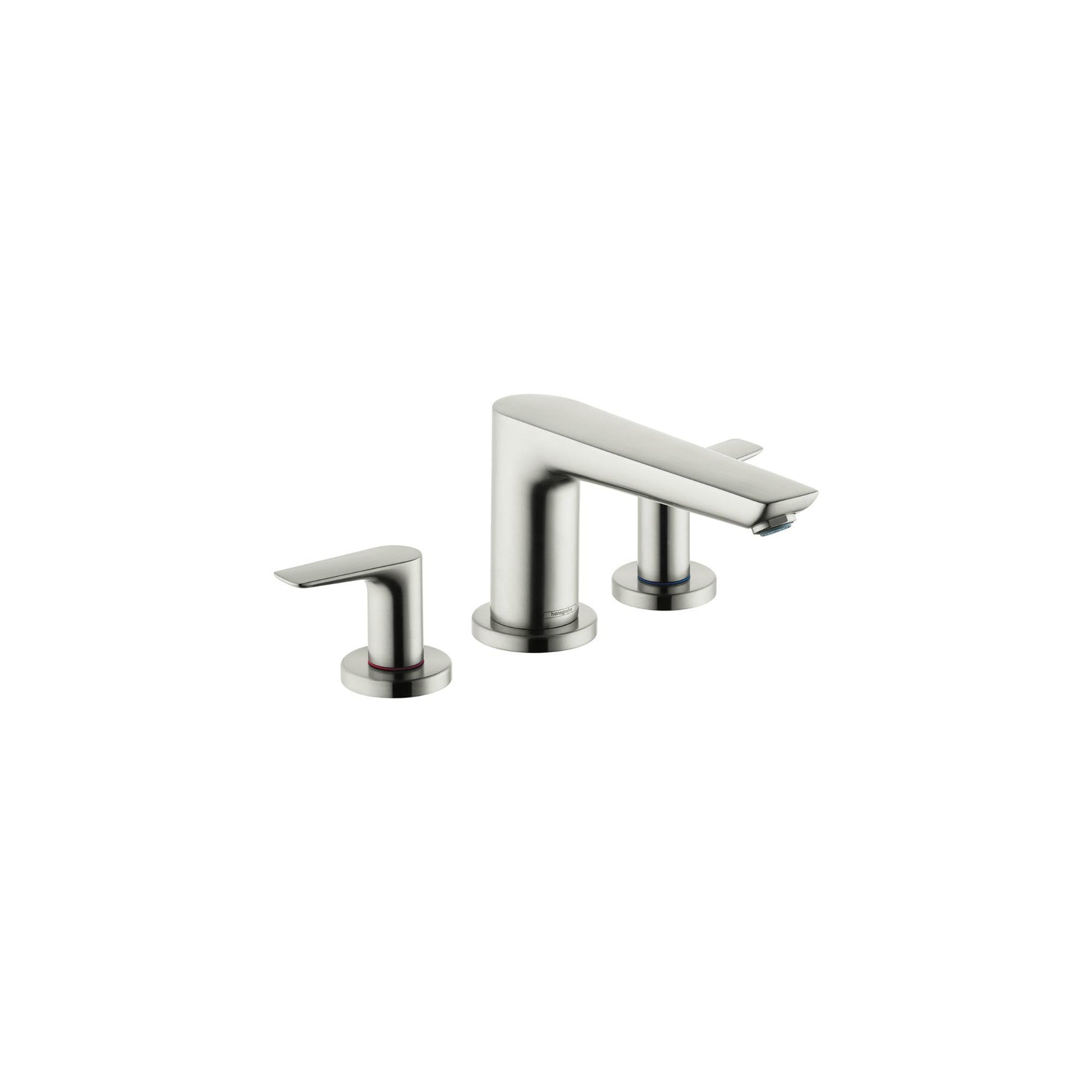 Brushed nickel three-hole roman tub filler with curved spout and two lever handles on cylindrical bases.