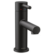 Matte black single-handle bathroom faucet with cylindrical body, angled spout, and temperature indicator dots.
