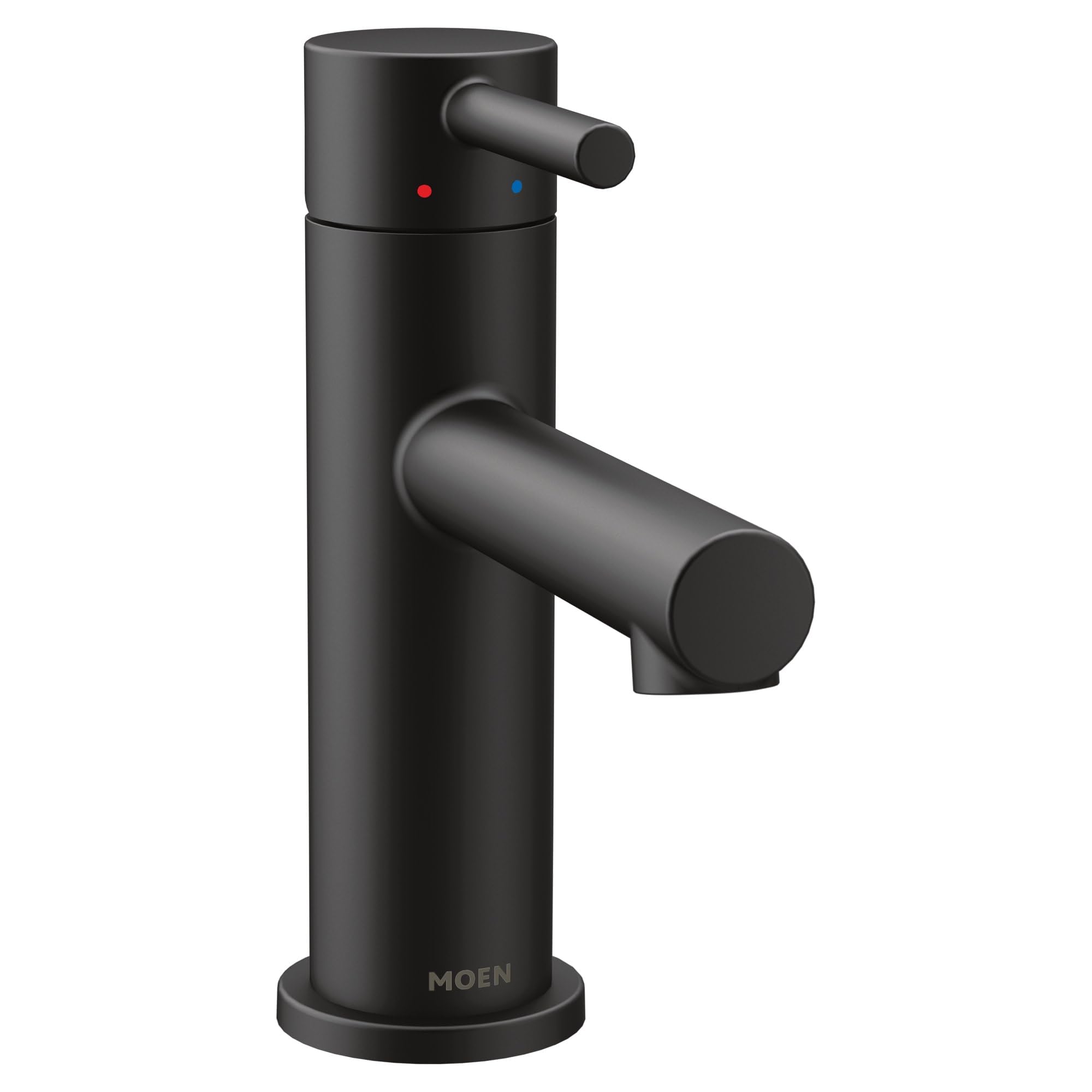 Matte black single-handle bathroom faucet with cylindrical body, angled spout, and temperature indicator dots.