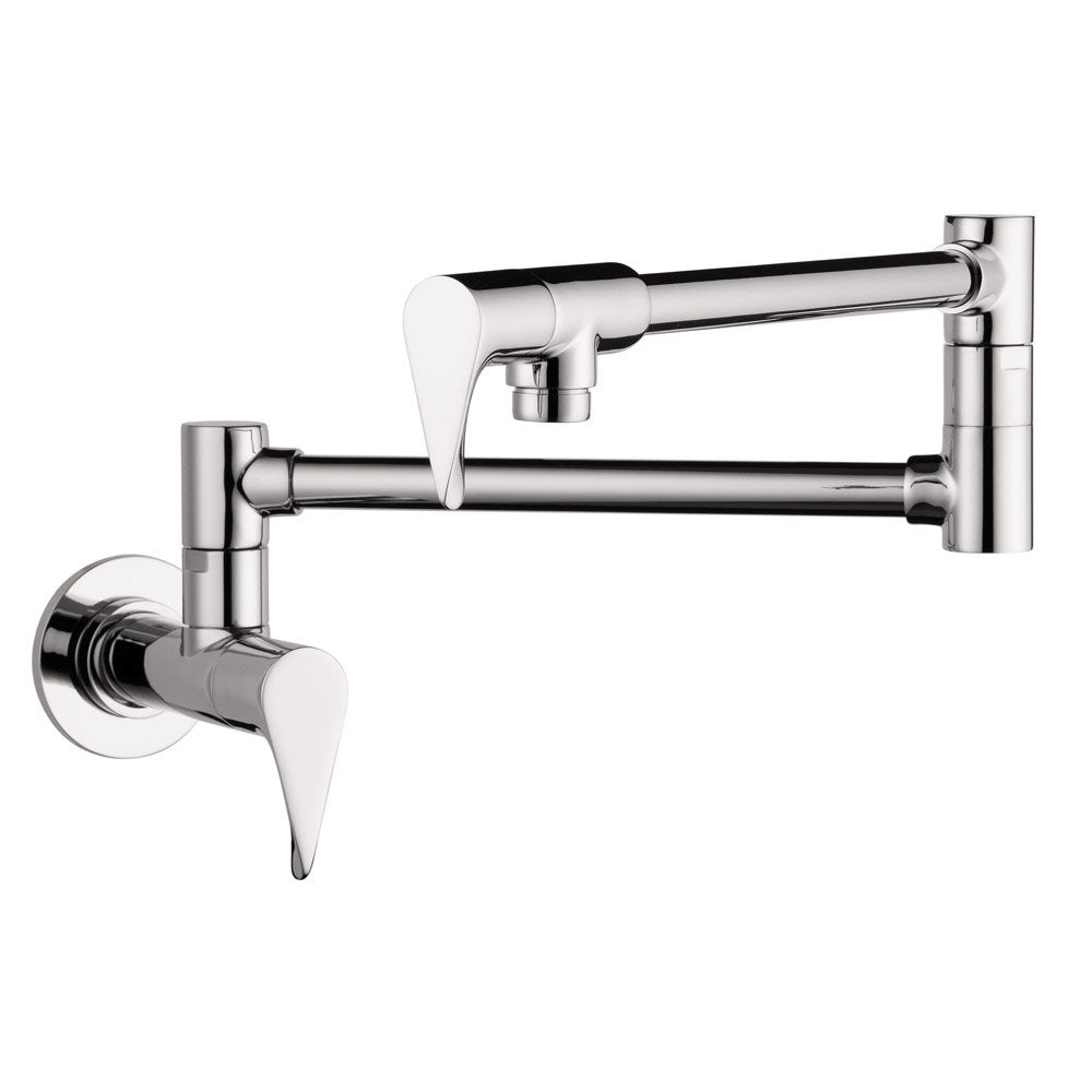 Chrome wall-mounted pot filler with articulating arm and lever handle.