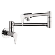 Chrome wall-mounted pot filler with articulating arm and lever handle.