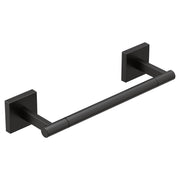 Black hand towel bar with two square wall-mounted brackets and cylindrical rod.