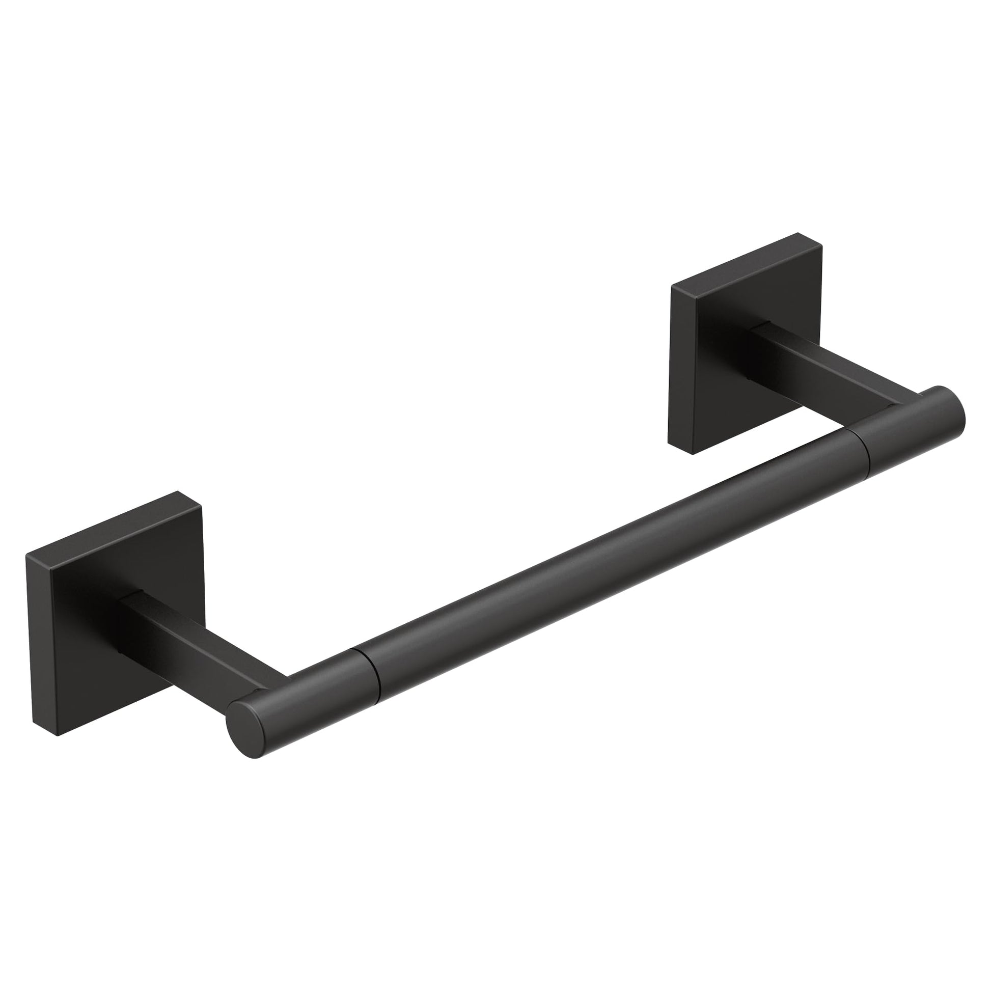 Black hand towel bar with two square wall-mounted brackets and cylindrical rod.