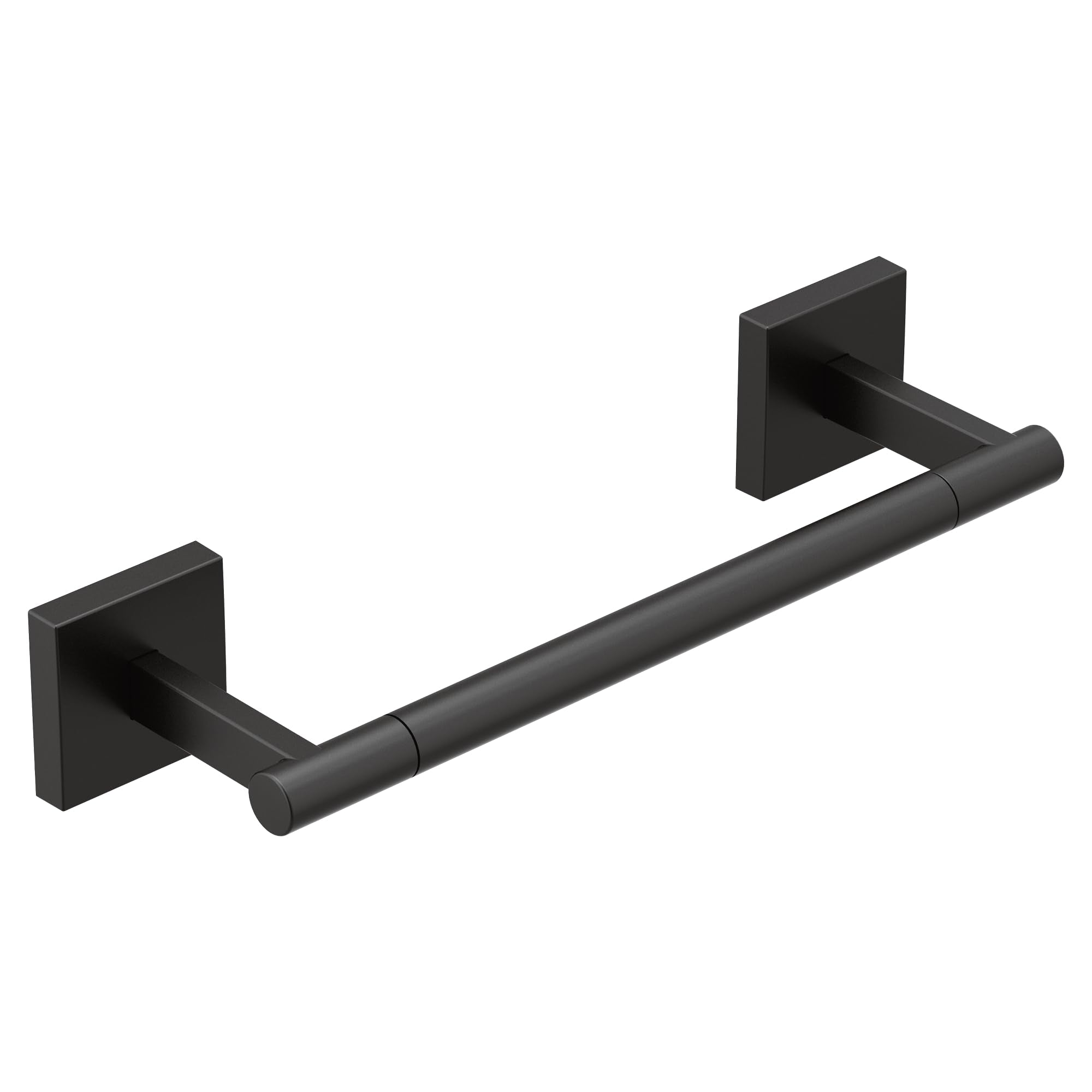 Black hand towel bar with two square wall-mounted brackets and cylindrical rod.