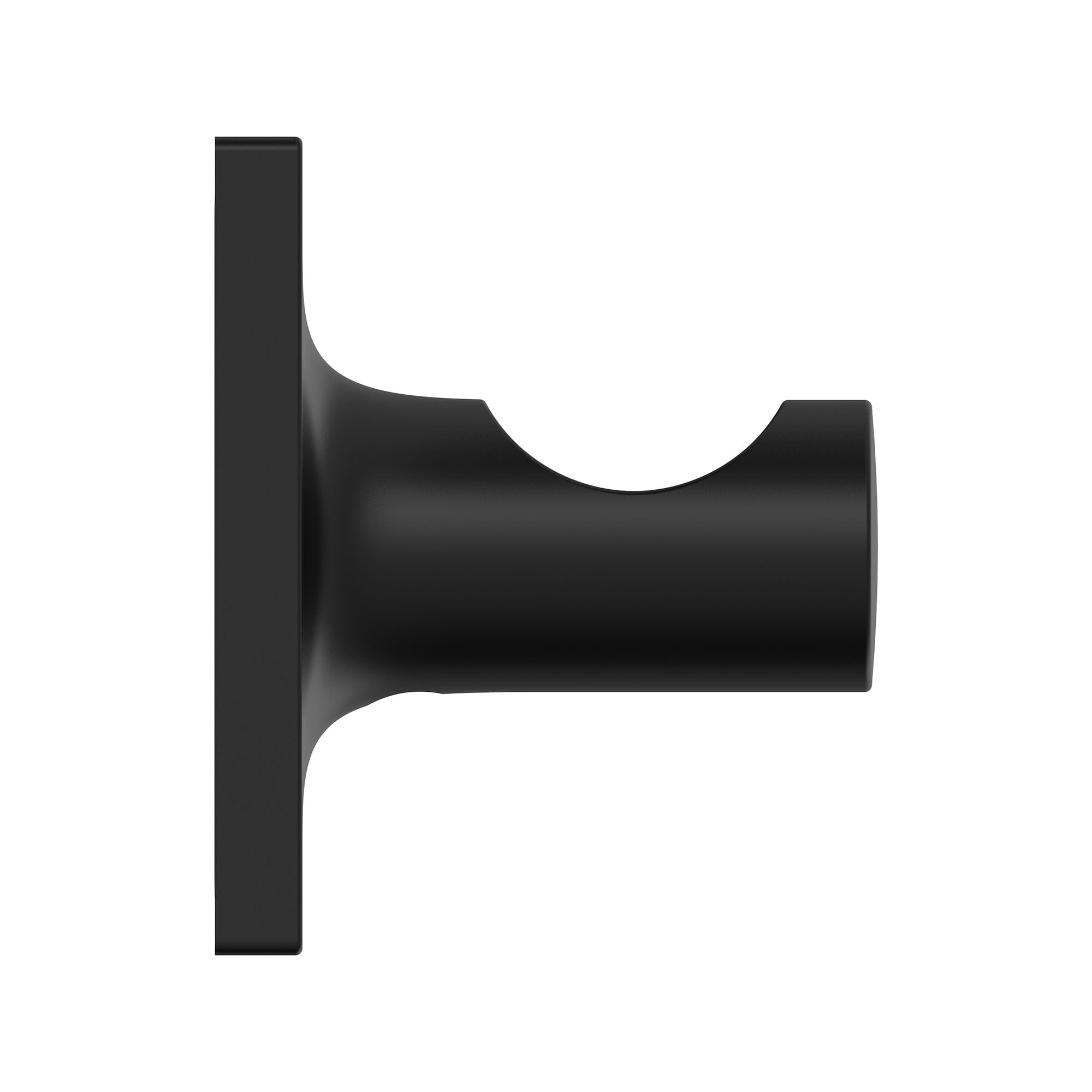 Black metal towel hook with curved arm and square wall plate mount.