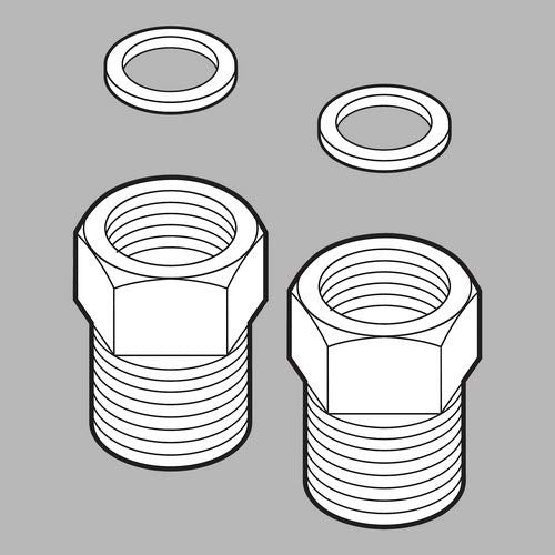 Two threaded metal adapters and two flat rubber gaskets shown in technical line drawing style.