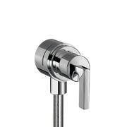 Chrome wall outlet with lever handle and cylindrical body for water connection.