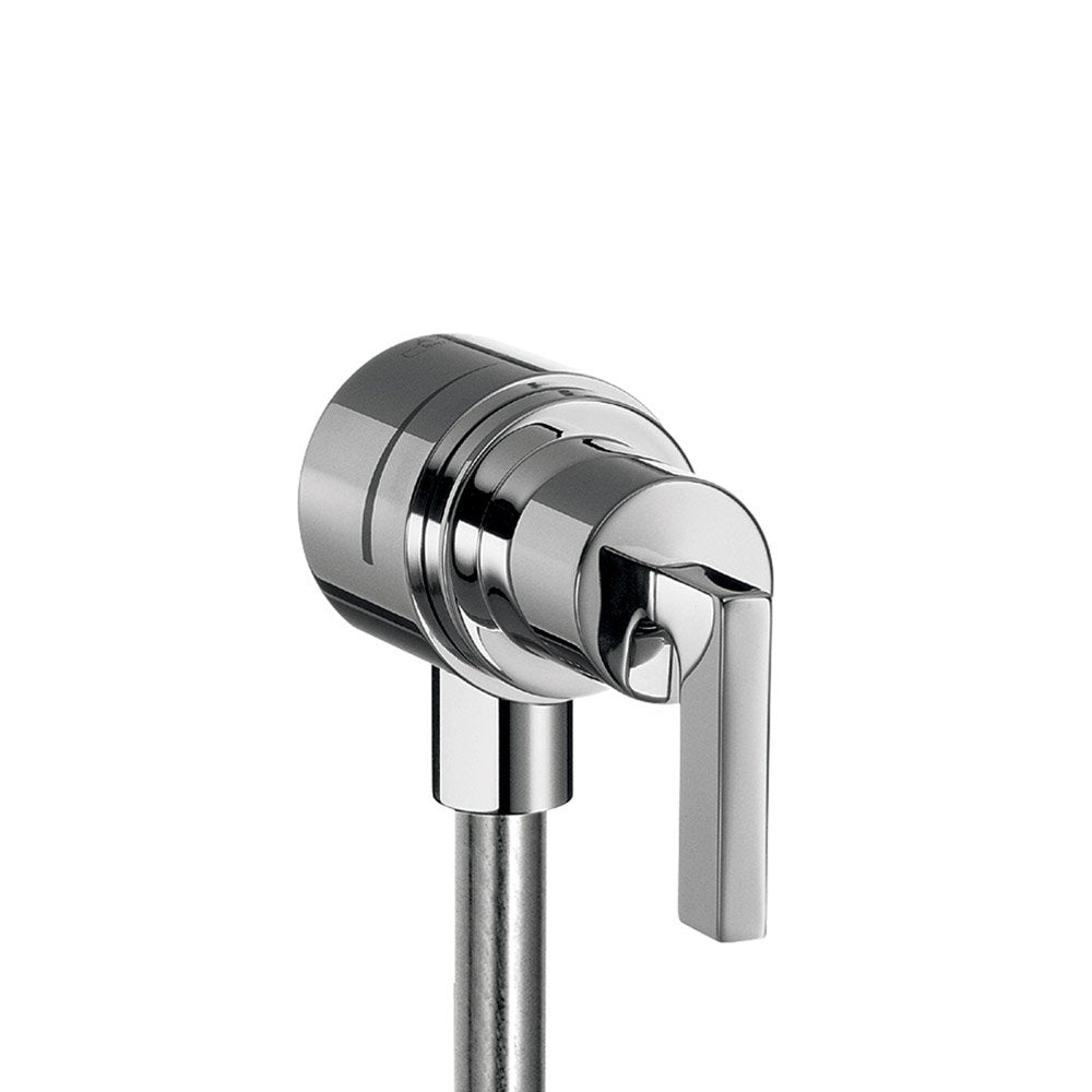 Chrome wall outlet with lever handle and cylindrical body for water connection.