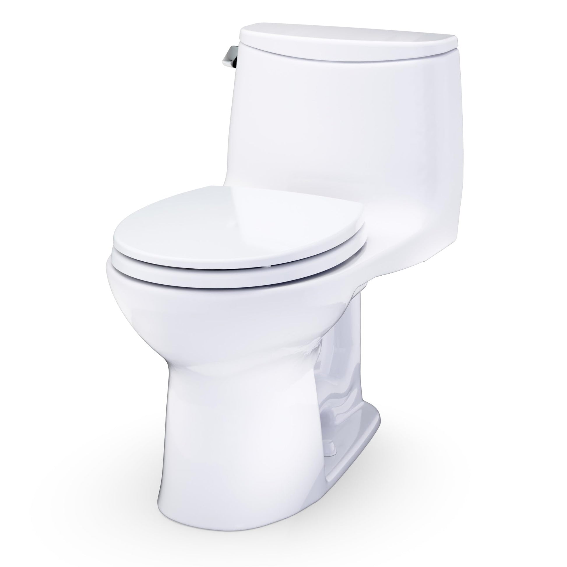 White one-piece toilet with closed lid and tank, side lever flush handle visible.