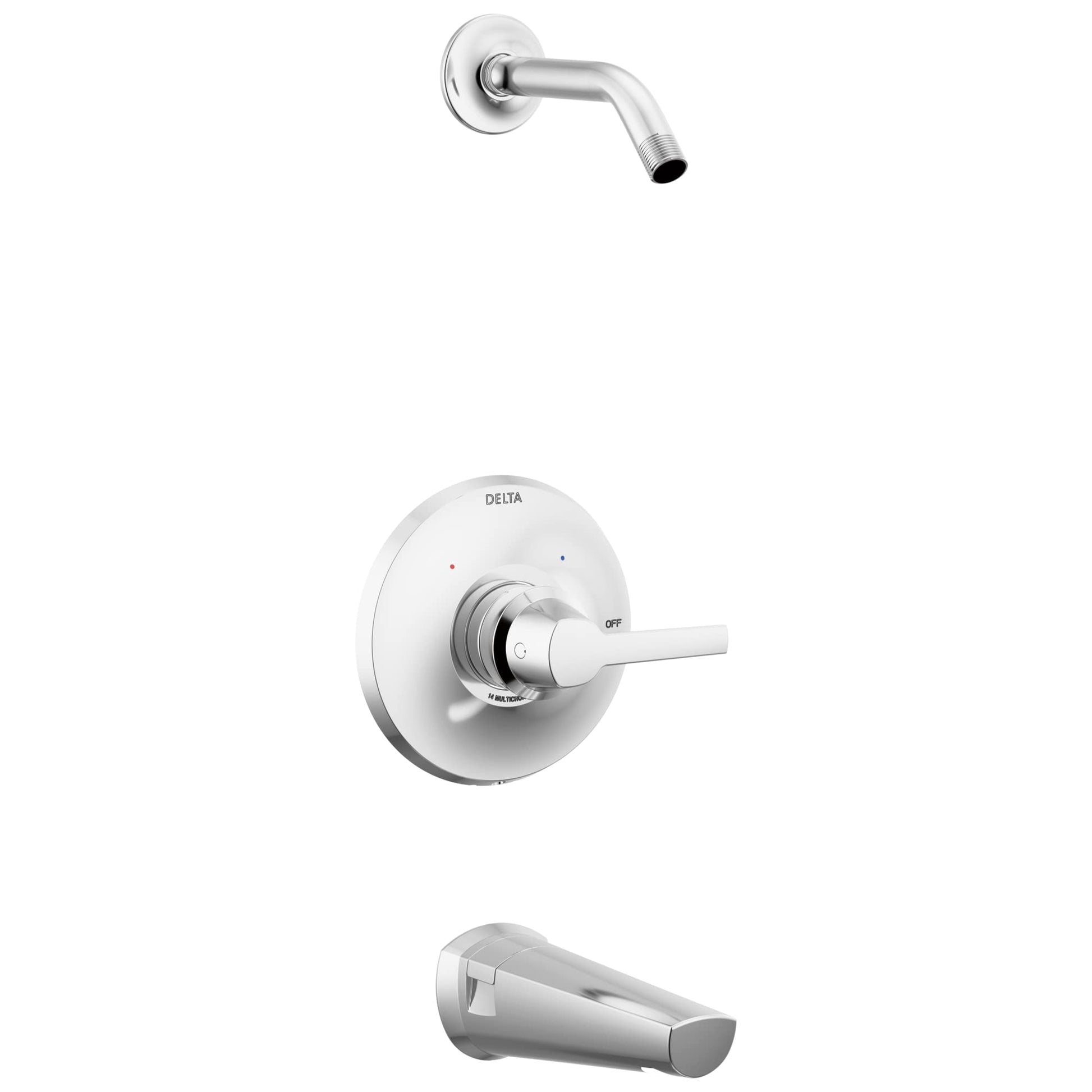 Chrome and white Delta Galeon tub and shower trim with curved spout, single lever handle, and tub spout.