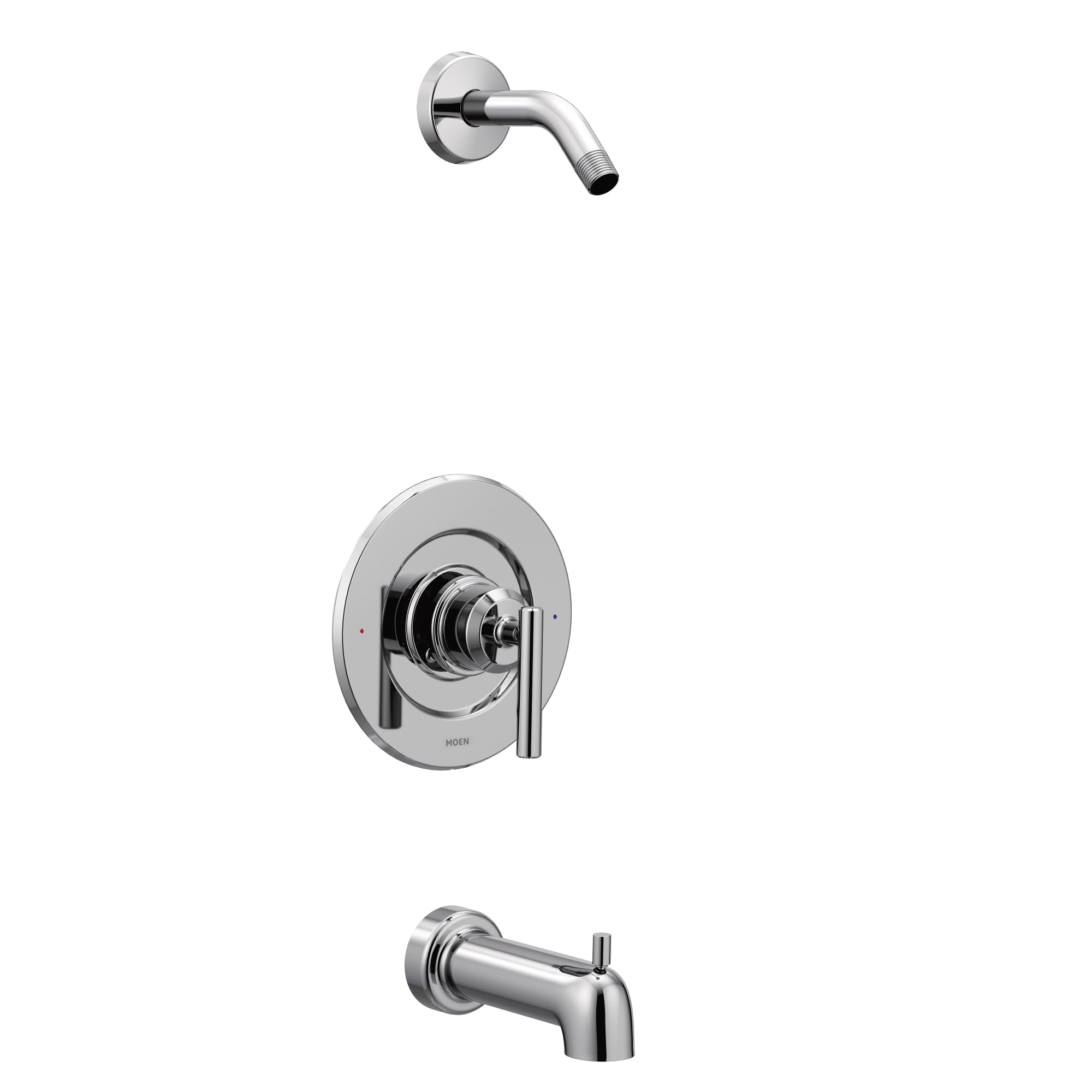 Chrome tub/shower valve with single handle, curved spout, and wall-mounted trim plate.