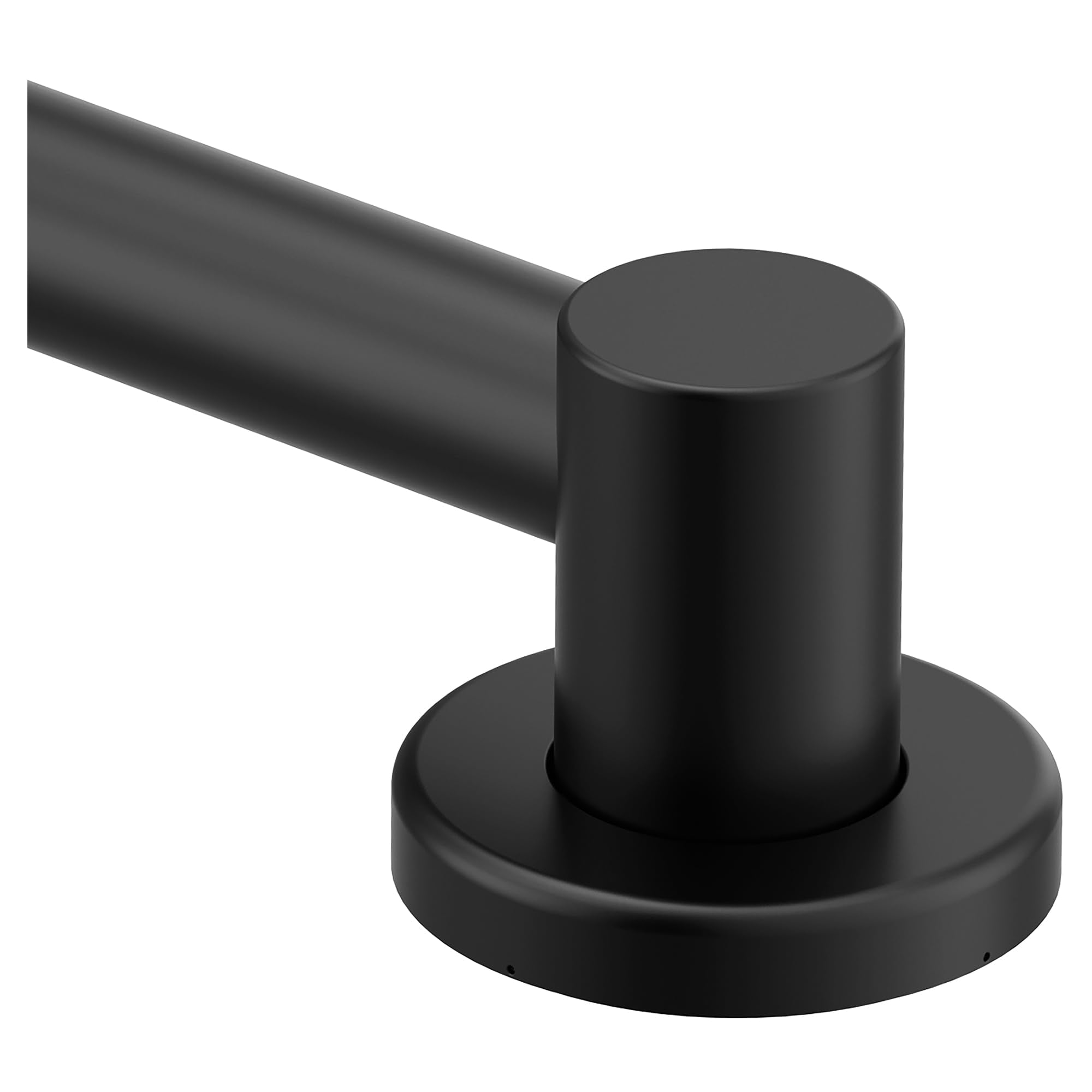 Matte black cylindrical grab bar with circular wall mount and horizontal grip rail.