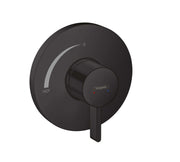 Matte black round shower valve trim with circular dial control and lever handle, featuring temperature indicator markings.
