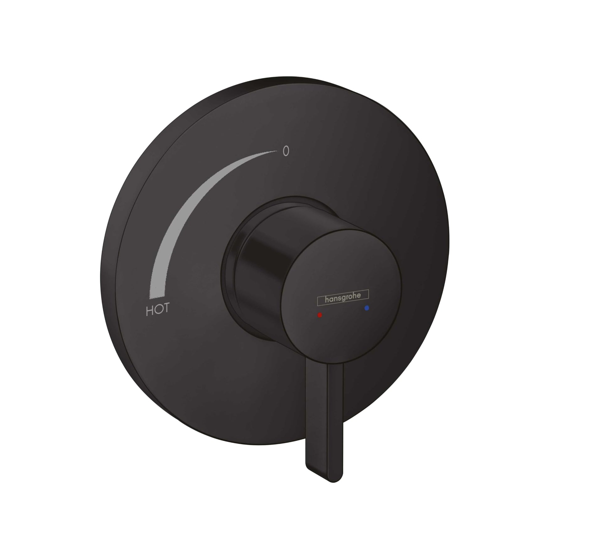 Matte black round shower valve trim with circular dial control and lever handle, featuring temperature indicator markings.