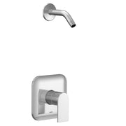 Chrome shower trim kit with single lever handle and curved wall-mounted spout.