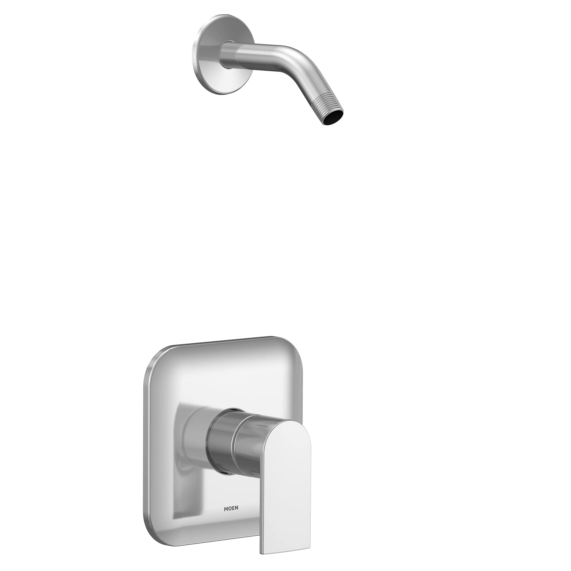Chrome shower trim kit with single lever handle and curved wall-mounted spout.