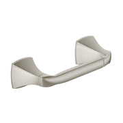 Brushed nickel pivoting toilet paper holder with curved bar and tapered end caps.