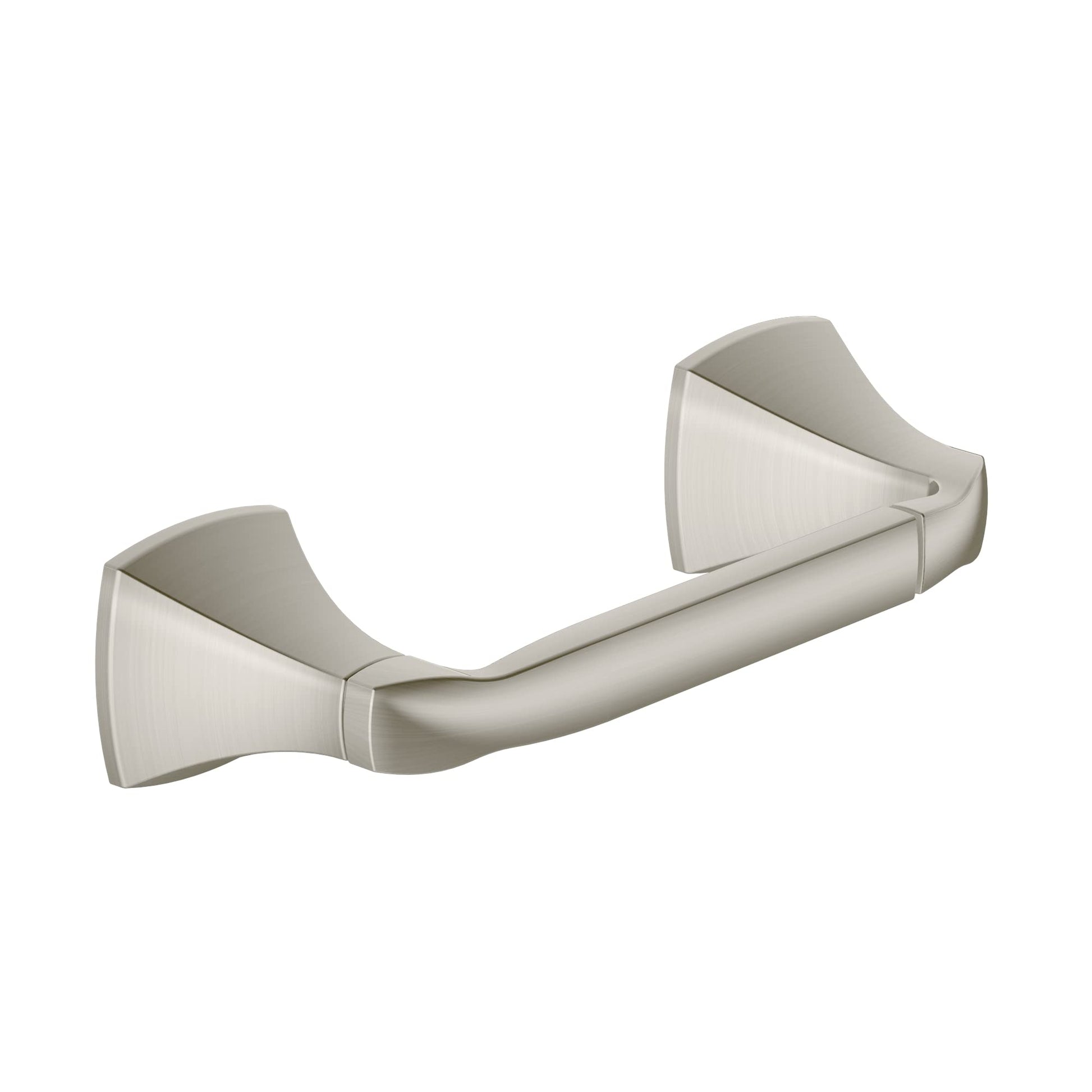 Brushed nickel pivoting toilet paper holder with curved bar and tapered end caps.