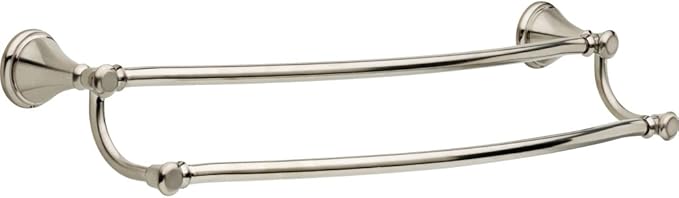 Stainless steel double towel bar with curved arms and circular wall mounts, 24 inches wide.