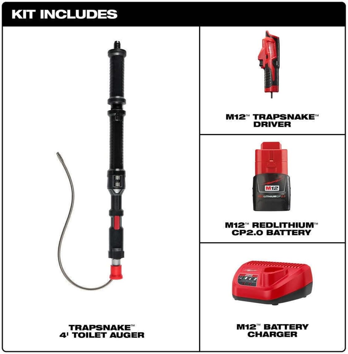 Milwaukee M12 TRAPSNAKE 4ft urinal auger with red and black driver, battery, and charger components.