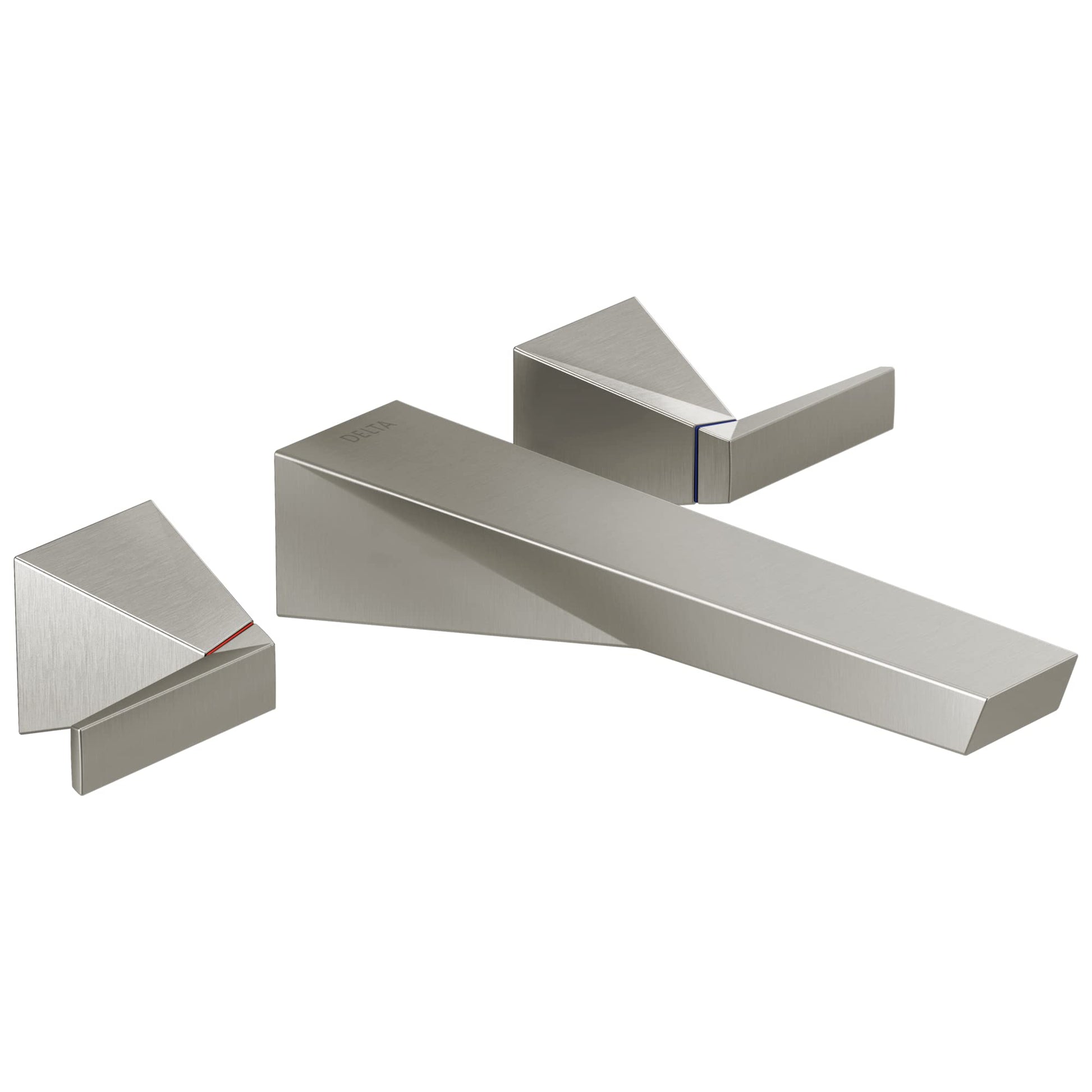 Brushed nickel two-handle wall-mount faucet trim with angular handles and elongated spout.