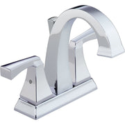 Chrome two-handle bathroom faucet with curved spout, rectangular base, and lever handles on either side.