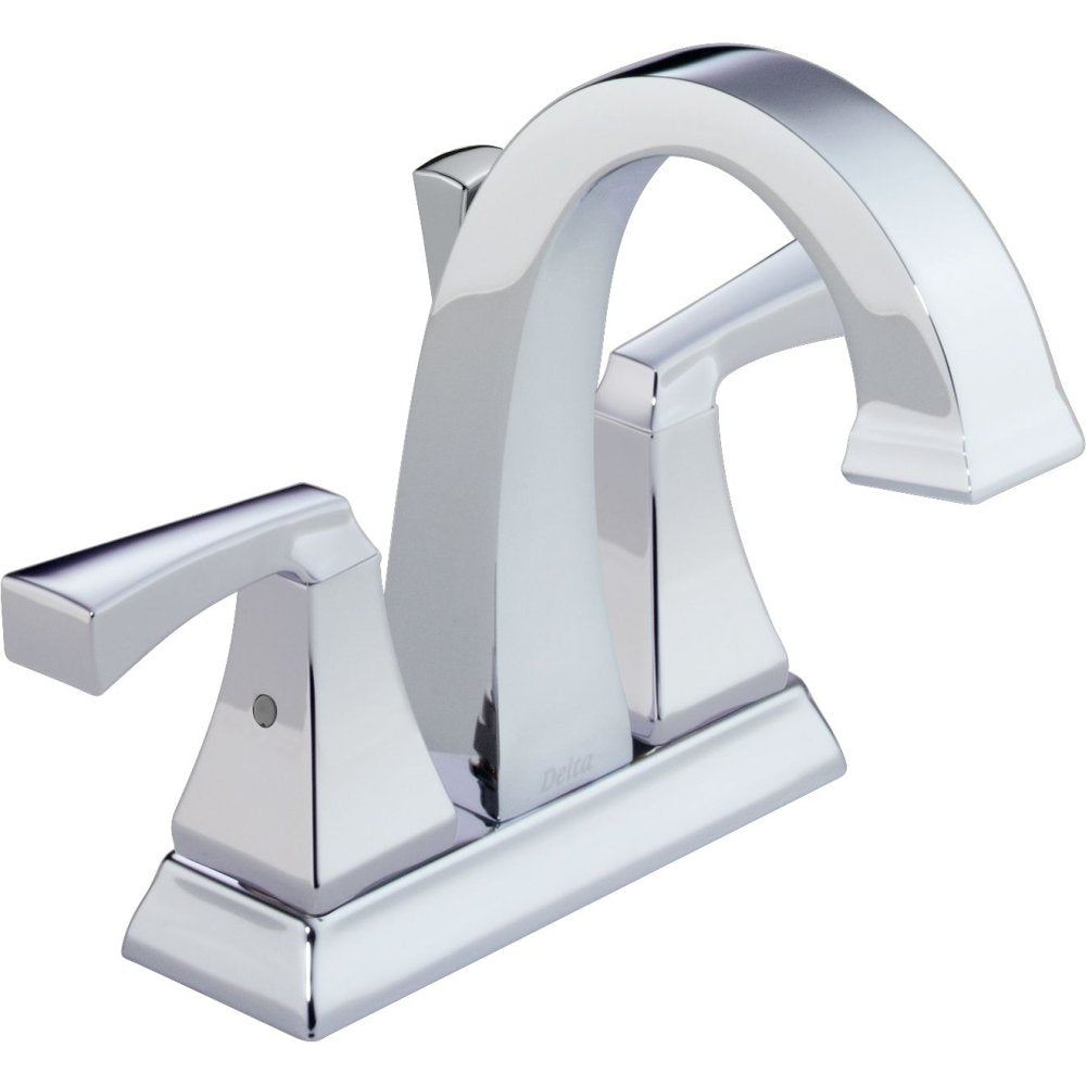 Chrome two-handle bathroom faucet with curved spout, rectangular base, and lever handles on either side.