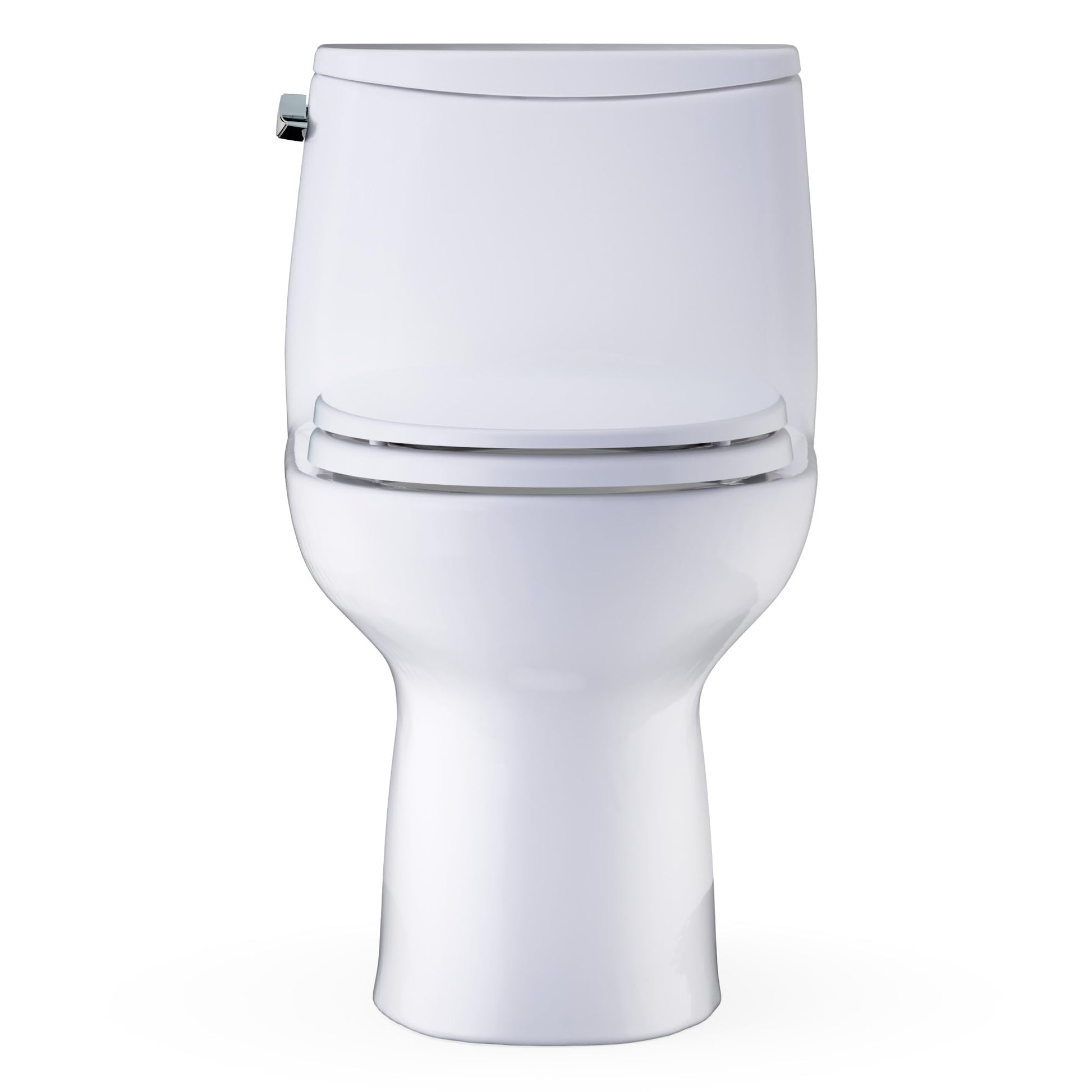 Cotton white one-piece toilet with dual flush handle on left side and soft-close seat lid.