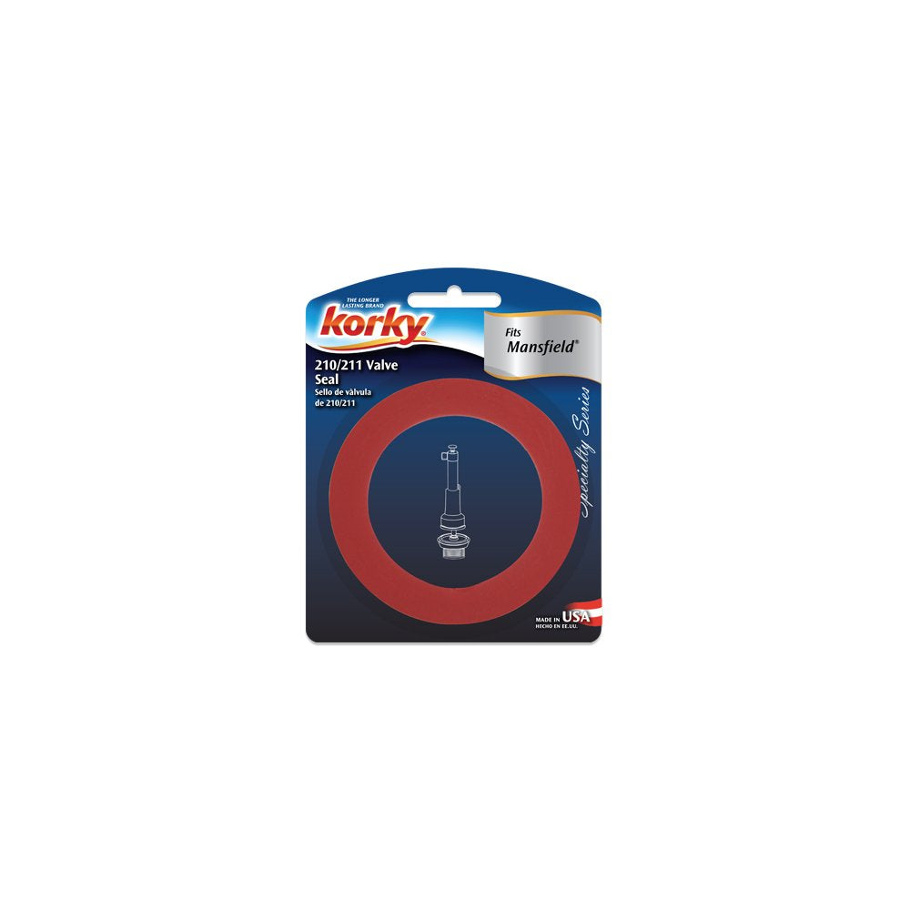 Korky red rubber flush valve seal in blister packaging labeled for Mansfield 210/211 toilets.