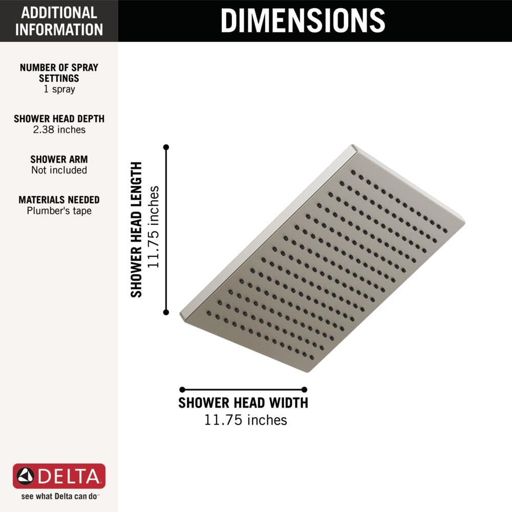Stainless steel rectangular raincan shower head with evenly spaced perforations, 11.75 inches wide and 11.75 inches long.