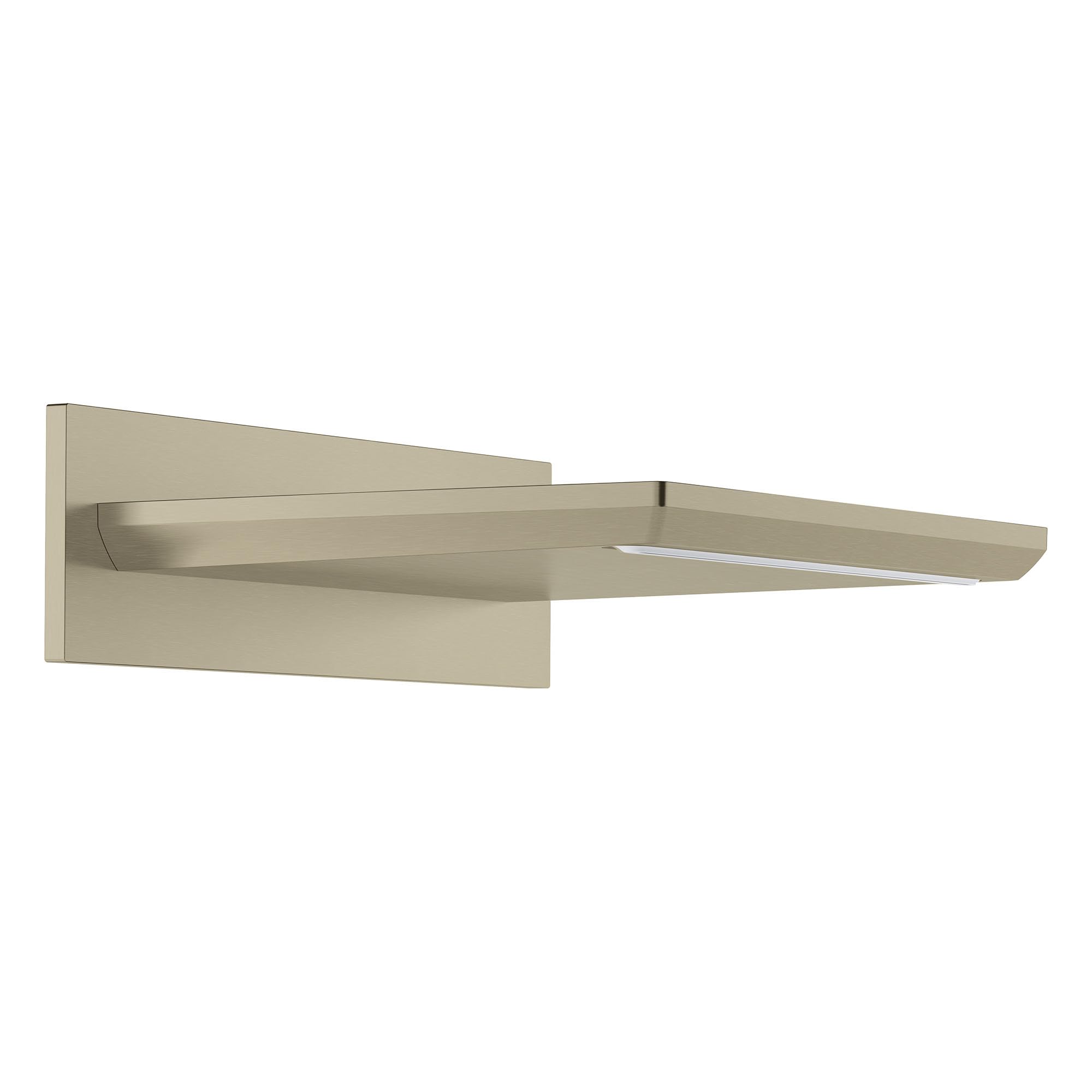 Brushed nickel wall-mounted waterfall tub spout with rectangular backplate and curved tapered spout.