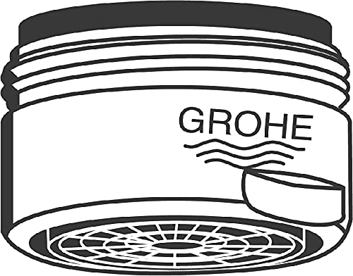 Chrome flow control cartridge with Grohe branding and threaded connection ring.