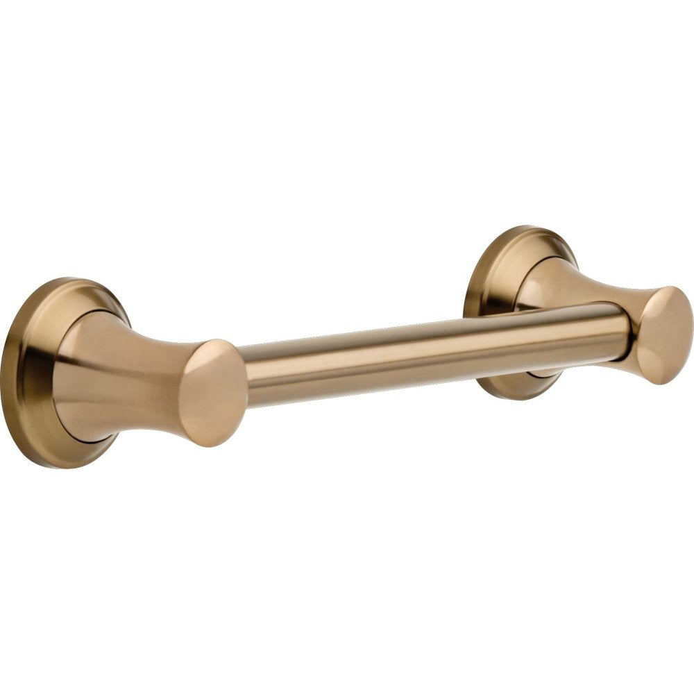 Brushed bronze grab bar with cylindrical ends and round wall flanges mounted horizontally.